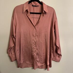 Women's ZARA  dusty mauve satin Button-Up Blouse office wear medium